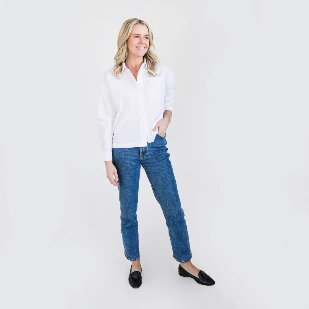 MASON'S DAUGHTER the French Cuff Boyfriend Shirt, White Poplin Water Repellent Finish HygienicCoating