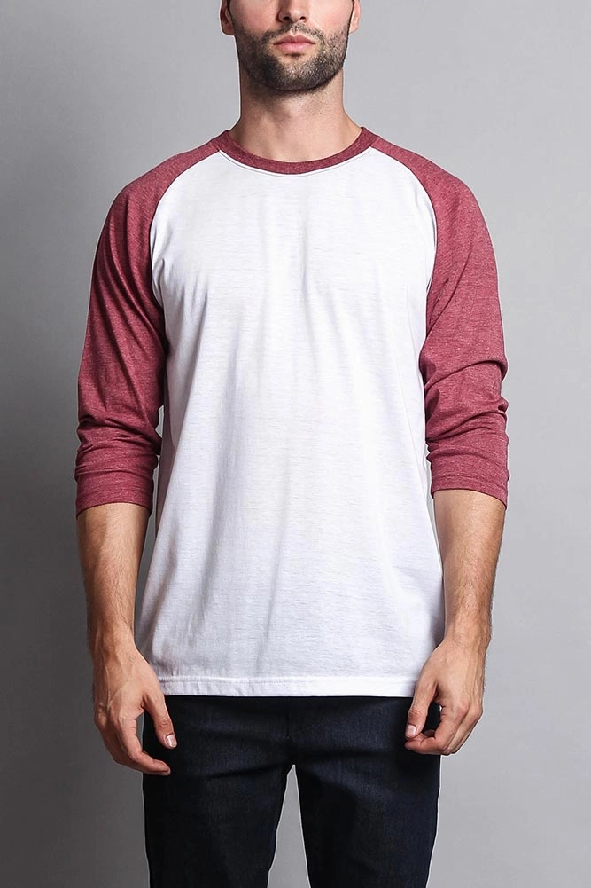 Men's Baseball T-Shirt (White/Burgundy) Noise Reduced Zipper Bound Seam Edges