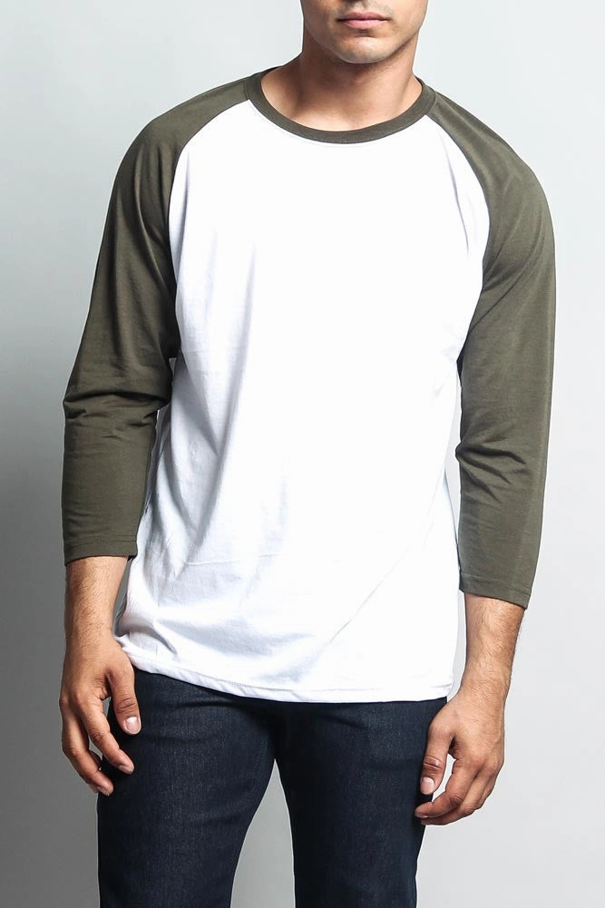 Men's Baseball T-Shirt (White/Olive) Microfiber Technology Everyday Fashion