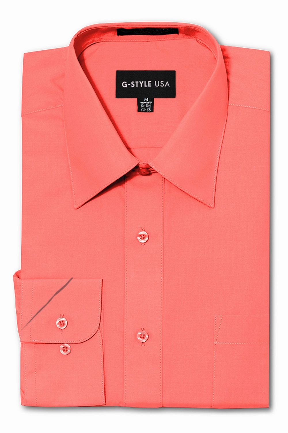 Sporty T-shirt Bonded Seam Durability Men's Basic Solid Color Button Up Dress Shirt (Coral)