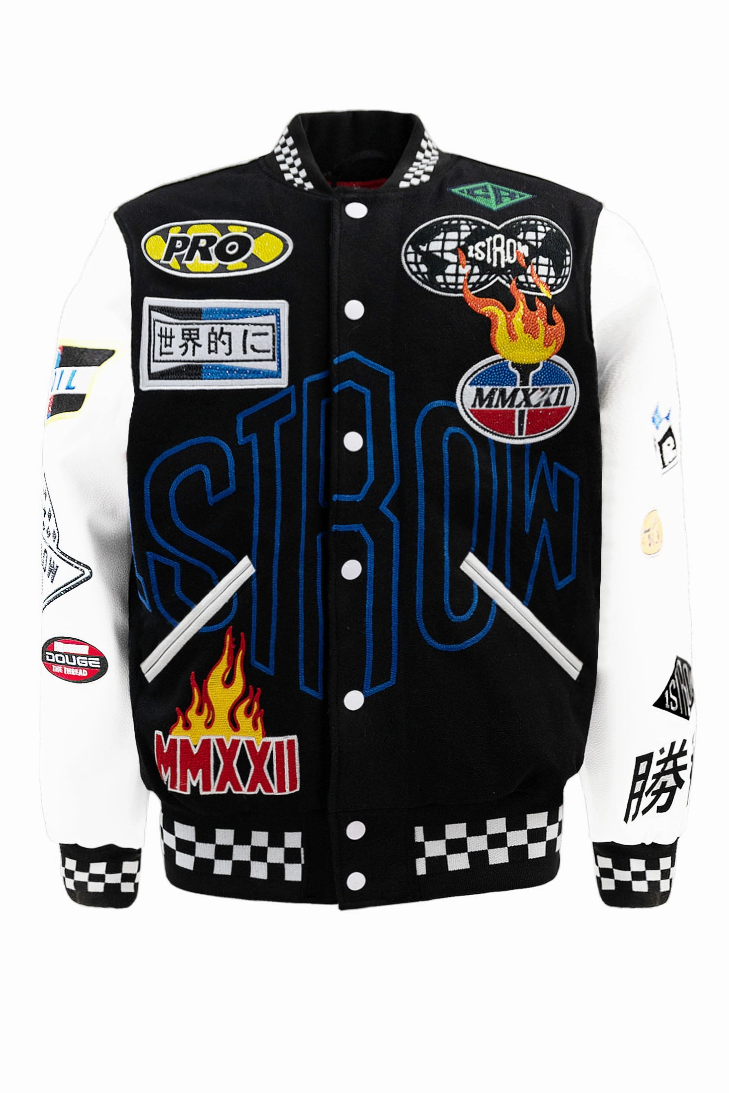 Men's Crystal Embellished Patched Varsity Molton Jacket Refined Style Flexible Fleece Lining