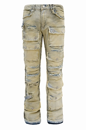 Anti Friction Lining Men's Distressed Edge Cut Slim Stack Flared Cargo Jeans