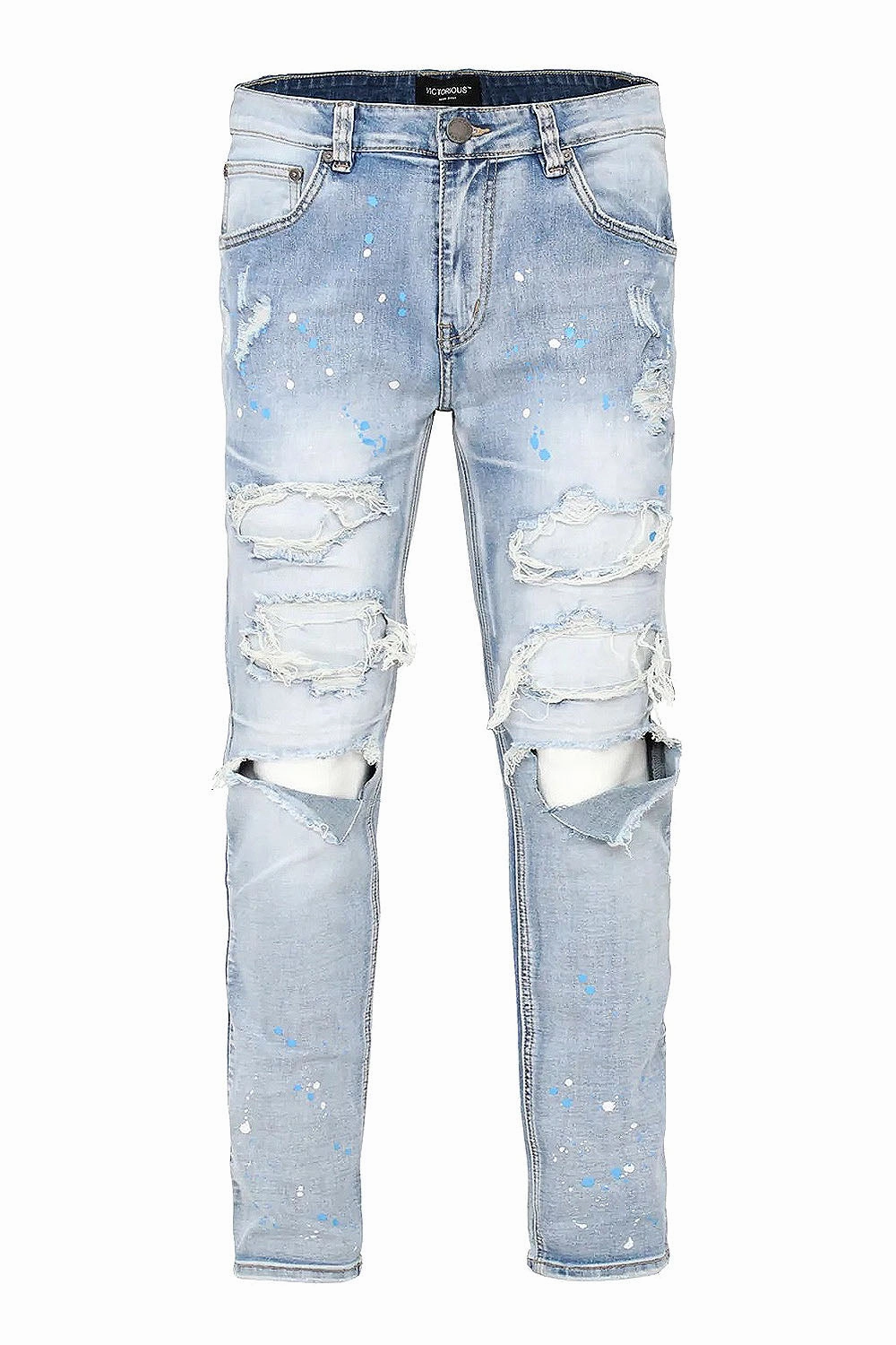 Reflective accents Minimalist Waist Men's Paint Splatter Knee Blowout Distressed Denim Jeans