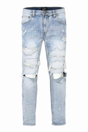 Tangle Free Cuffs Men's Paint Splatter Knee Blowout Distressed Denim Jeans