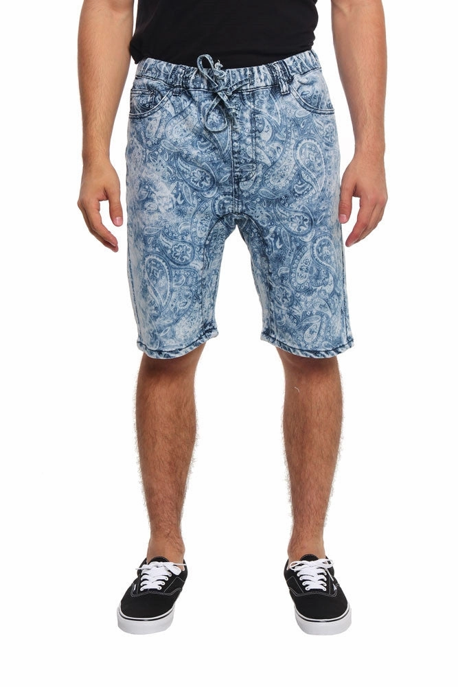 Modular Pocket System No Gap Waistband Men's Paisley Print Denim Dropcrotch Shorts