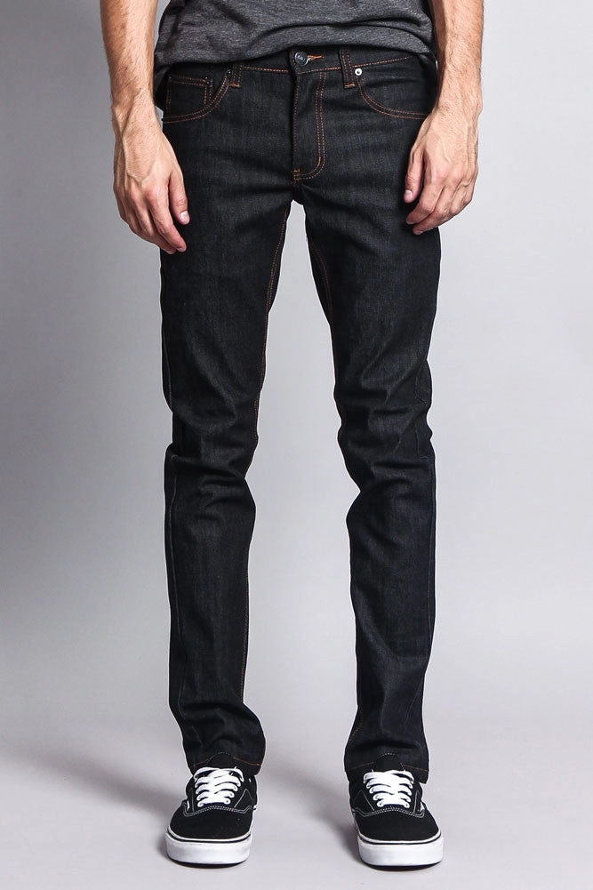 Men's Skinny Fit Raw Denim Jeans (Black/Timber) Side Pockets