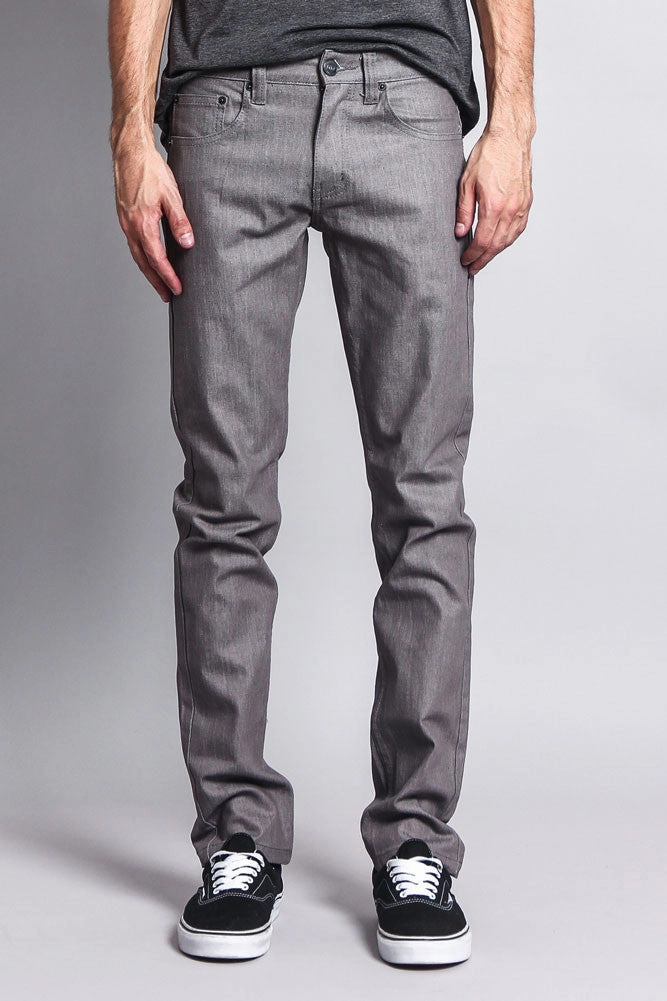 Men's Skinny Fit Raw Denim Jeans (Grey) Clean Finish