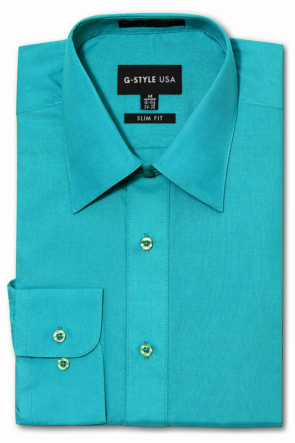 Men's Slim Fit Solid Color Dress Shirt (Turquoise) Layered Hem Reinforcement