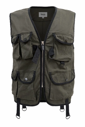 Men's Woven Multi Cargo Pocket Utility Vest Belted Style Double Layered Collar