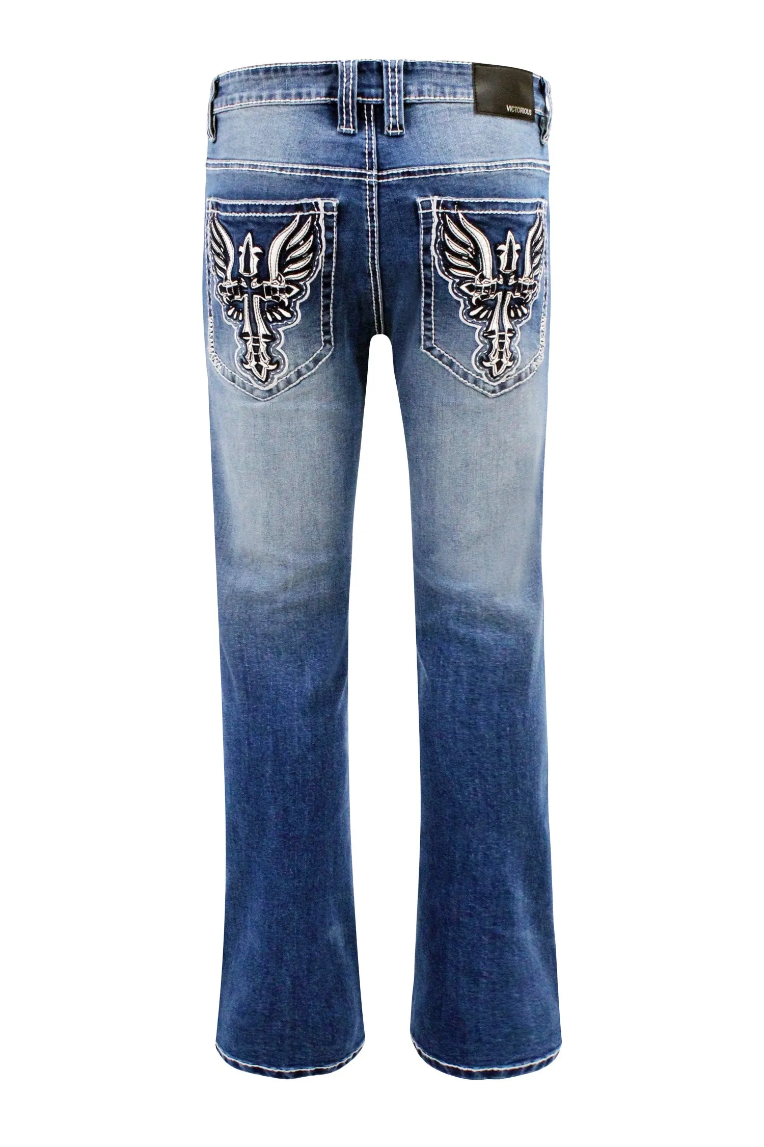 Comfy Material Soft Finish Men's Bootcut Cross Embroidery Denim Jeans