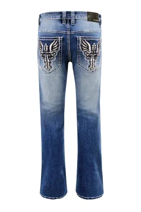 Stretch Ready Structured Hemline Men's Bootcut Cross Embroidery Denim Jeans