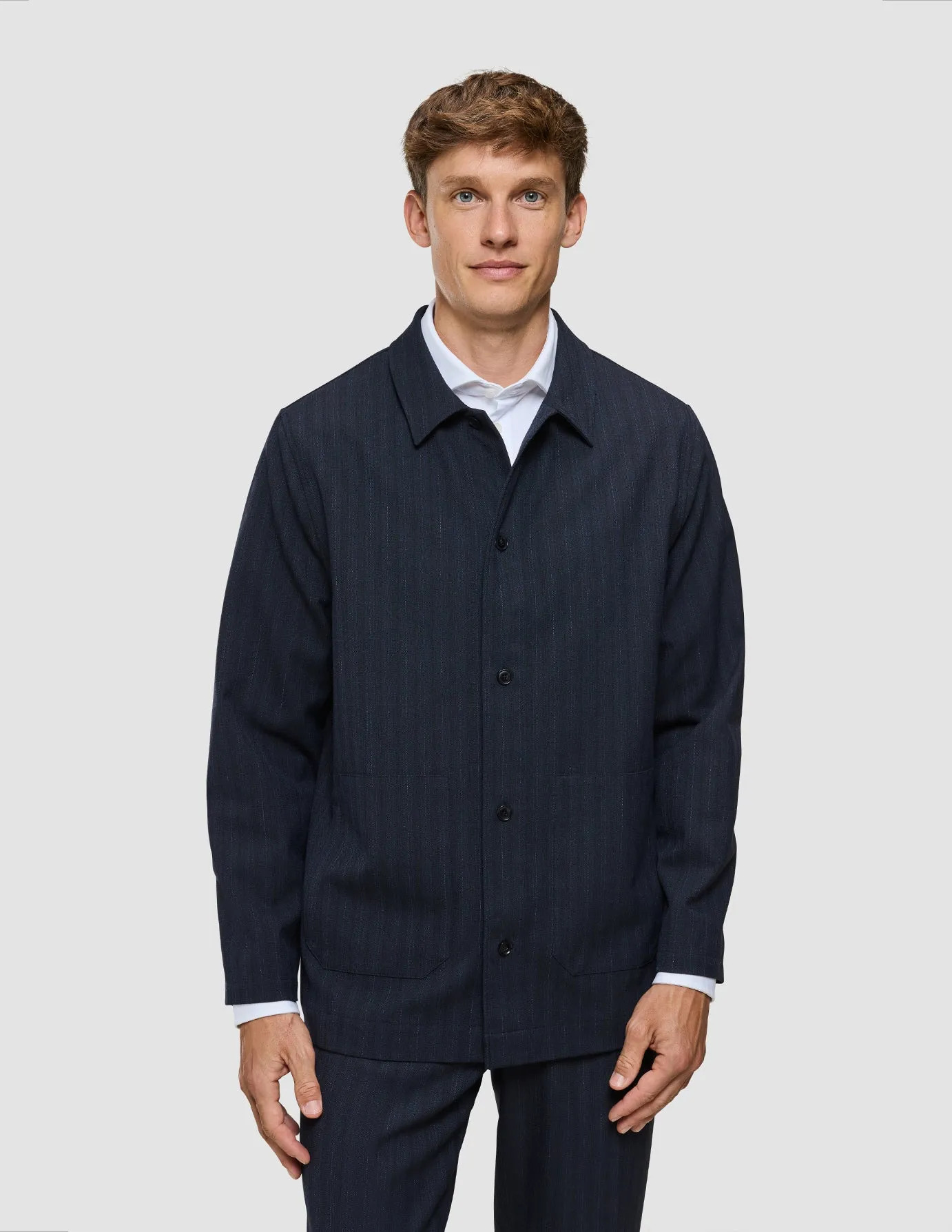 Casual Option Tagless Design Heritage Overshirt Dark Navy Pinstripe