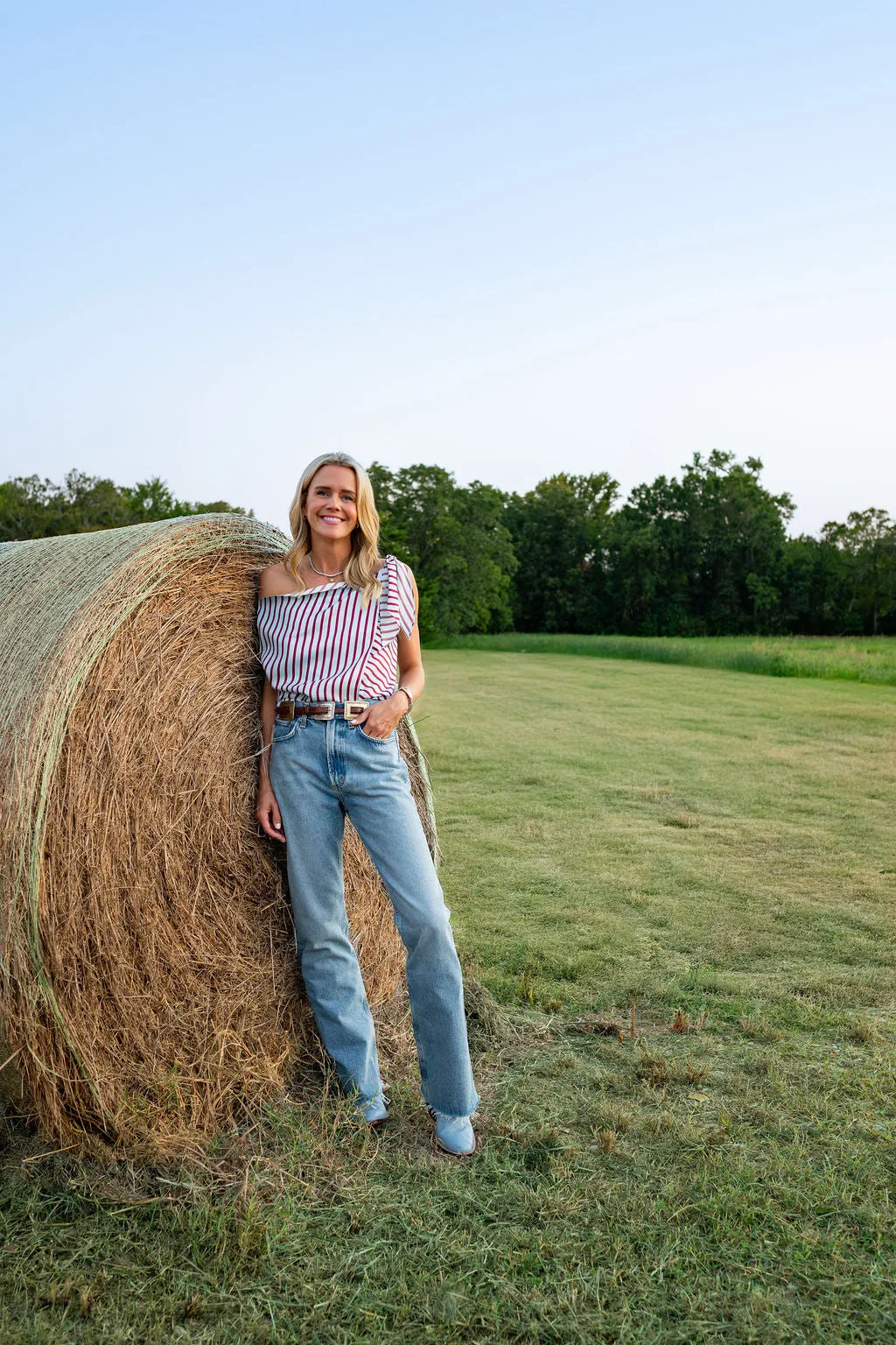 MASONS DAUGHTER | Lily Scarf Top, Blue & Burgundy Striped Neutral Tone Stitching
