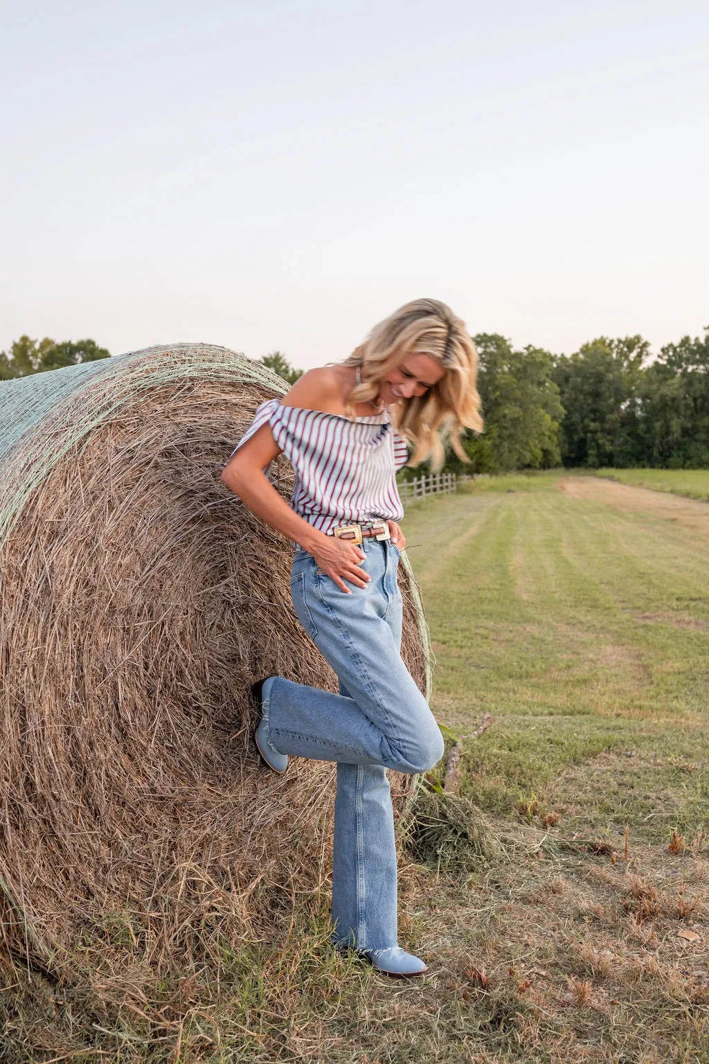 MASONS DAUGHTER | Lily Scarf Top, Blue & Burgundy Striped HighDurabilityWeave Basic Dress