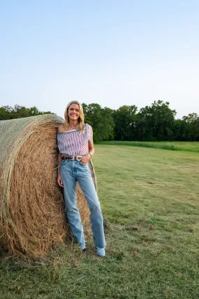 MASONS DAUGHTER | Lily Scarf Top, Blue & Burgundy Striped Neutral Tone Stitching
