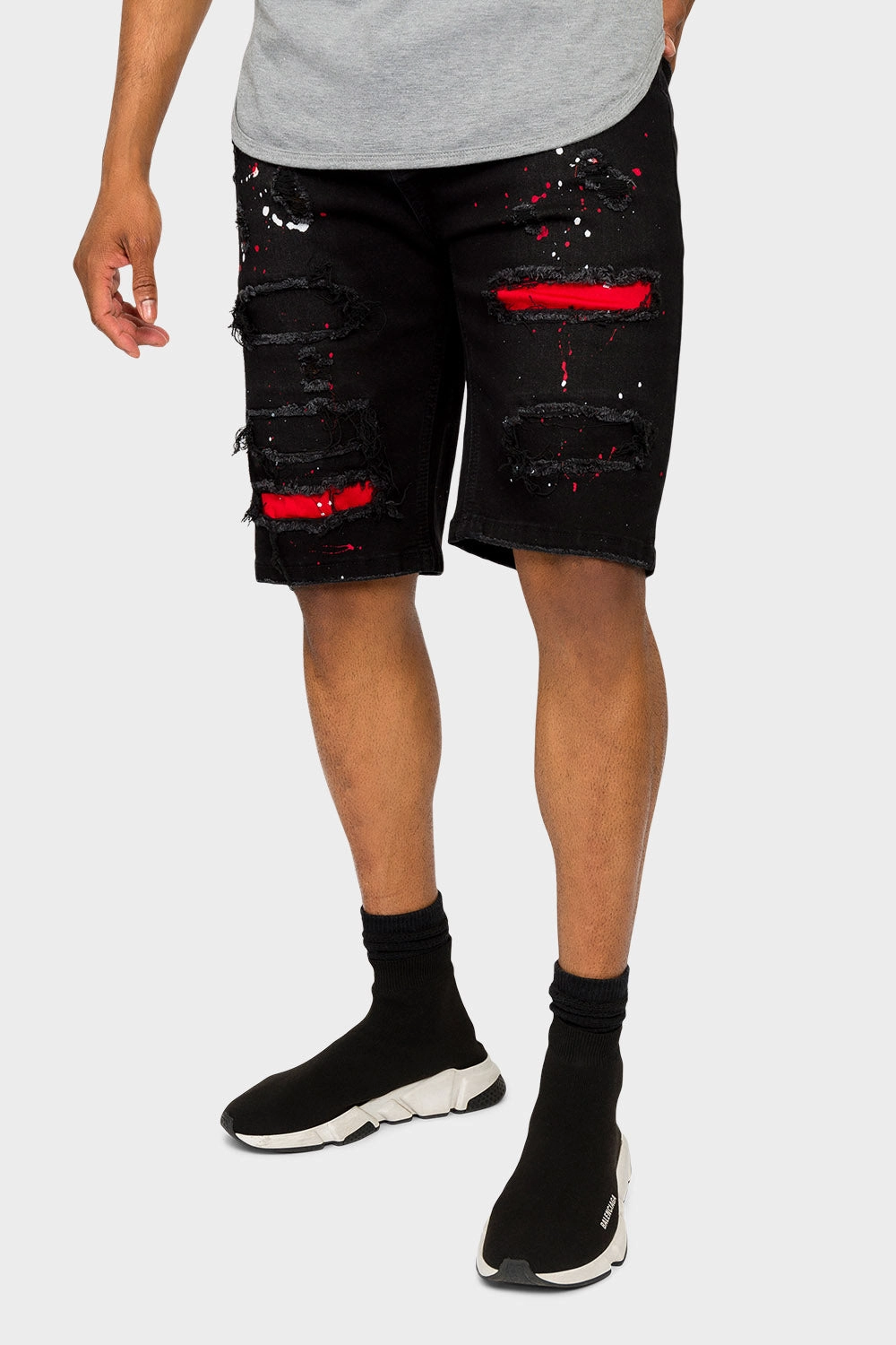 Neon Paint Splatter Denim Shorts Stretch Layer Fit Casual Vibe