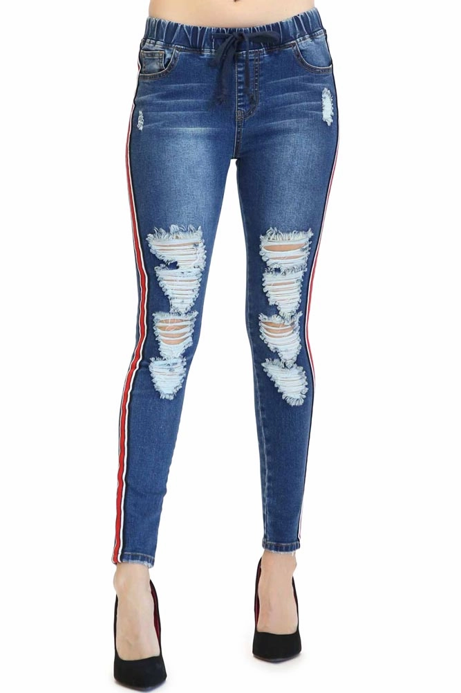 Women's Ripped Denim Jogger with Stripe Side slits