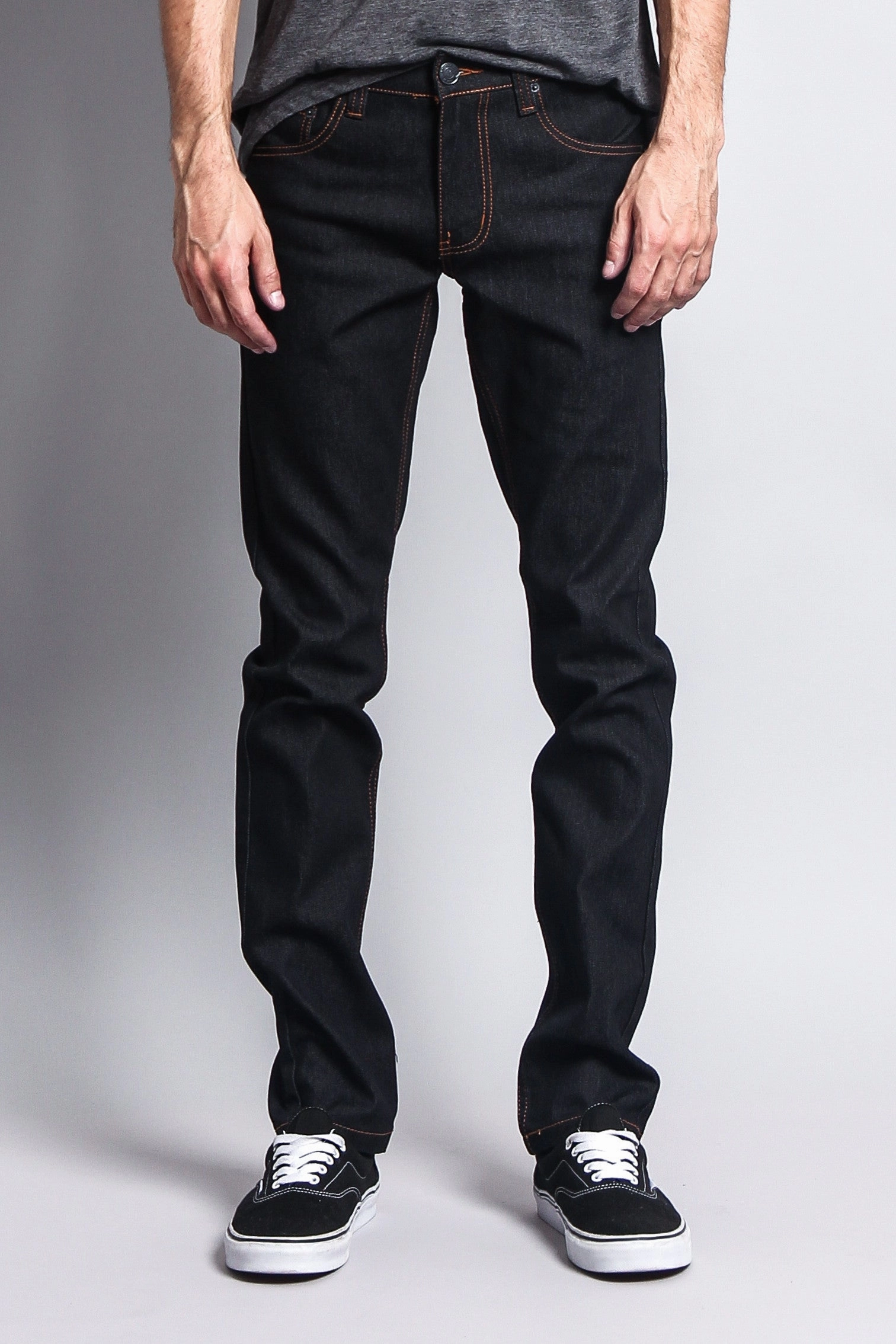 Men's Skinny Fit Raw Denim Jeans (Black/Timber) High Durability Thread