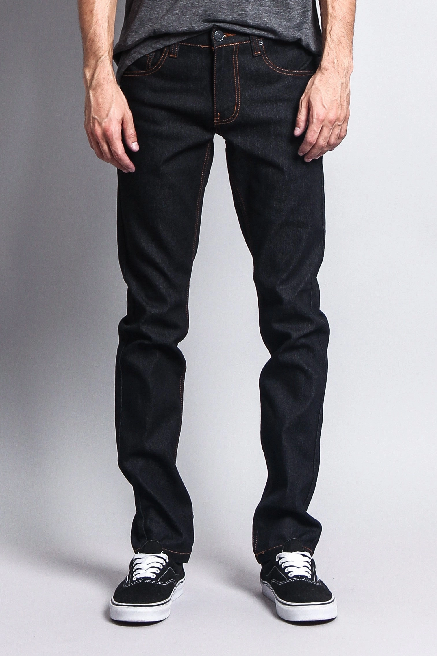 Men's Skinny Fit Raw Denim Jeans (Black/Timber) Athletic Fit elastic waistband