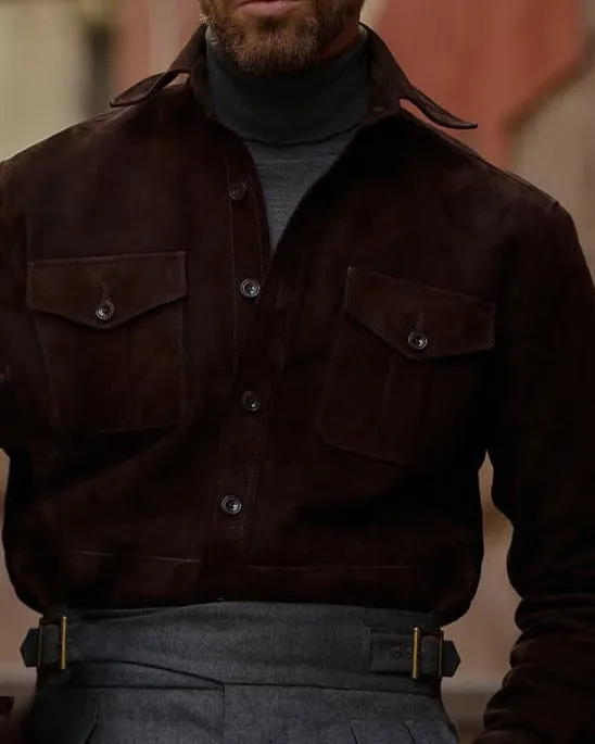 Sleek Style Brown Suede Leather Shirt