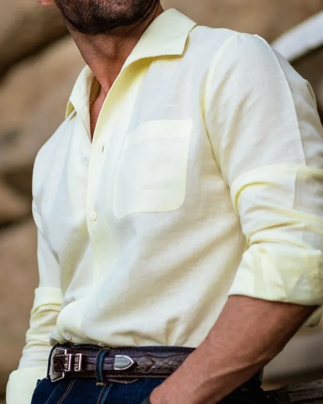 Summer Shirt in Pale Yellow Linen with one piece collar placket Anti Pilling Treatment