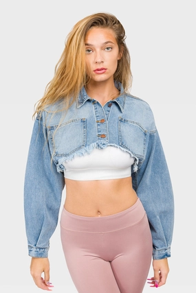 Tailored Cut Style Cropped Backless Raw Hem Denim Jacket