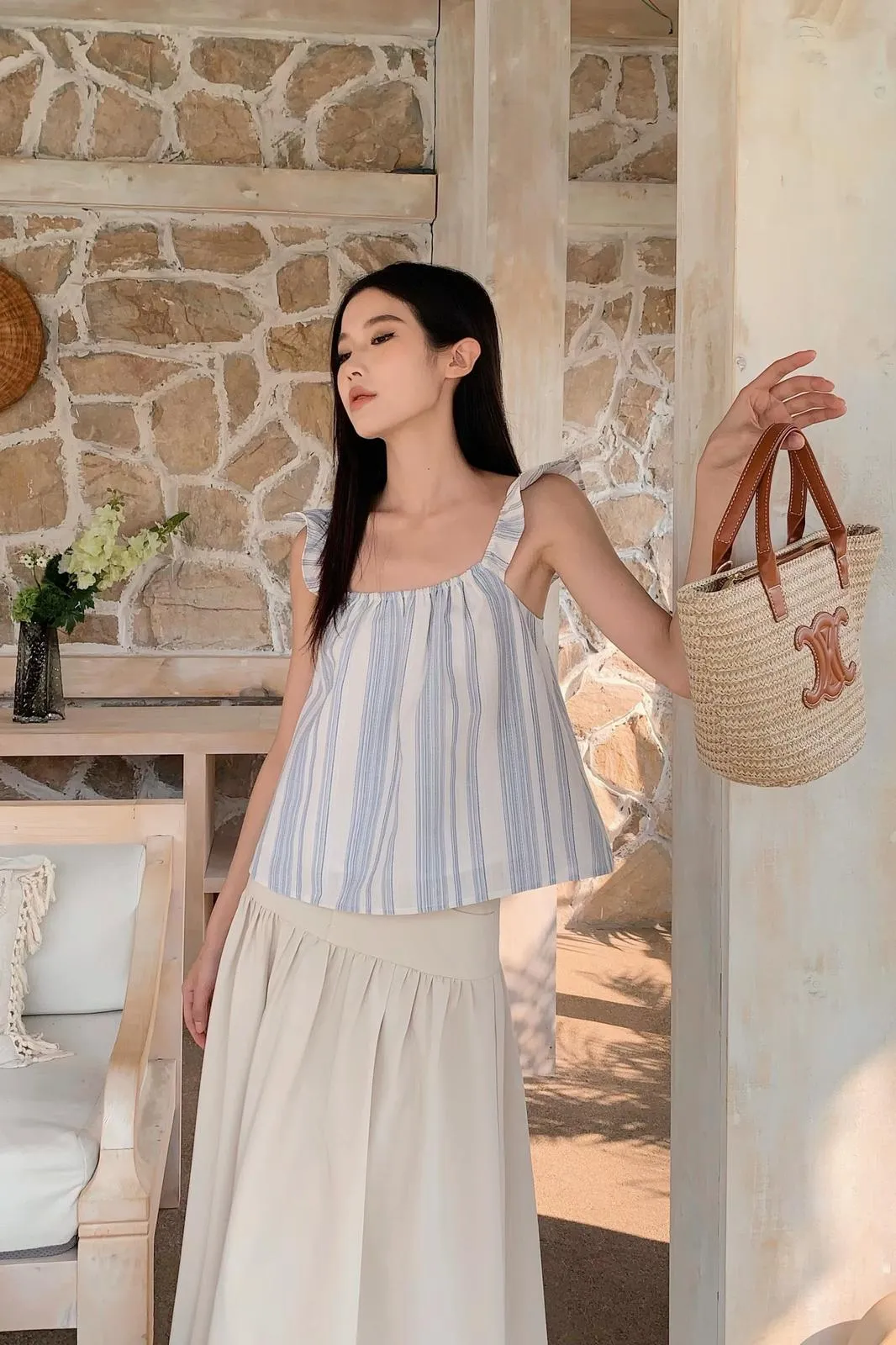 More Than Stripes Flutter Top Light MultiDirectionalStretch Garment Washed