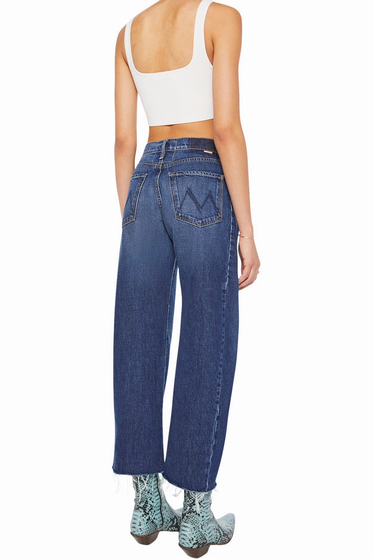 Laser Cut Edges MOTHER Denim Mid Rise Full-Pipe Flood Fray in Unplugged