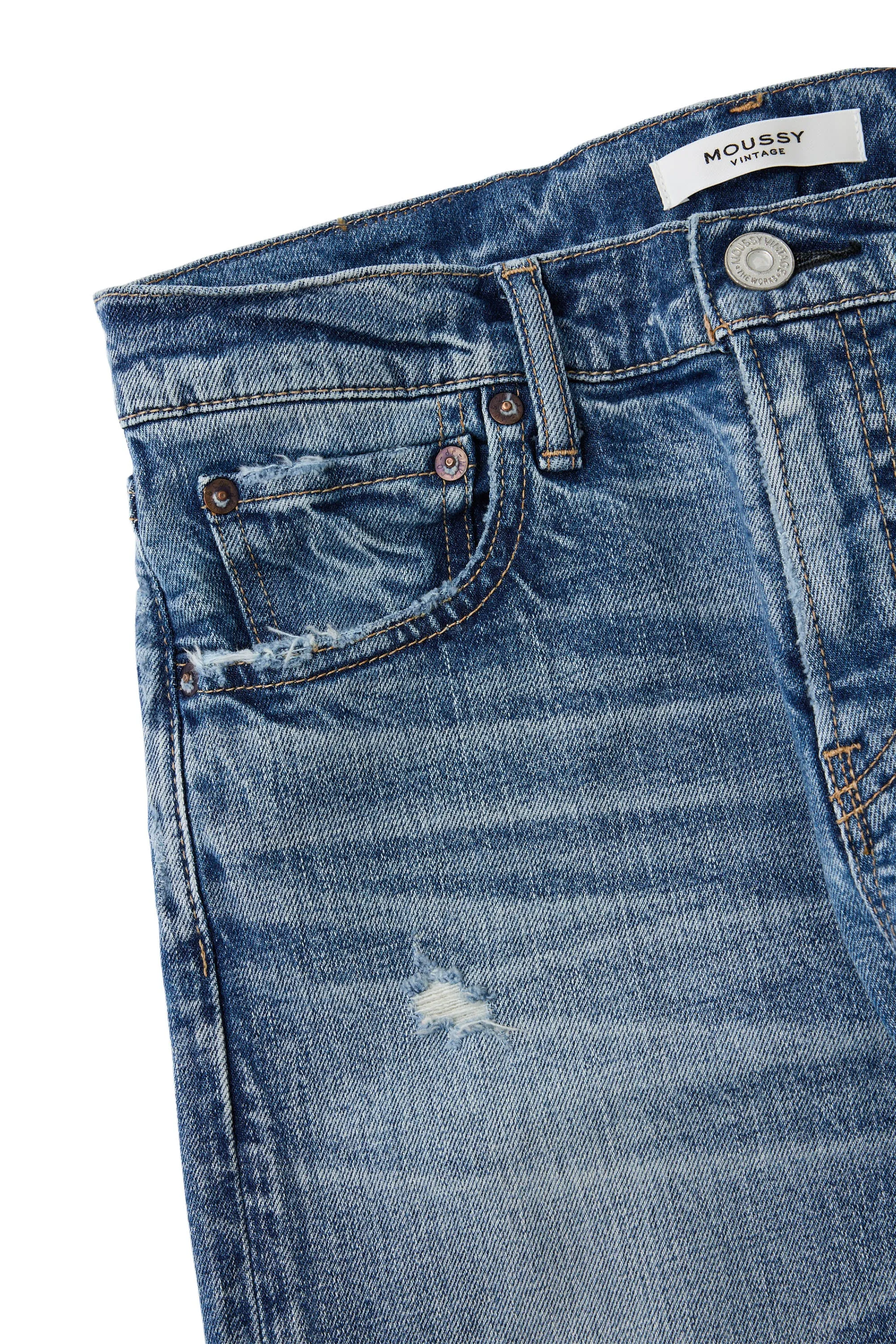 Button Fly Option Moussy Denim Linden Slim Straight Jeans in Light Blue