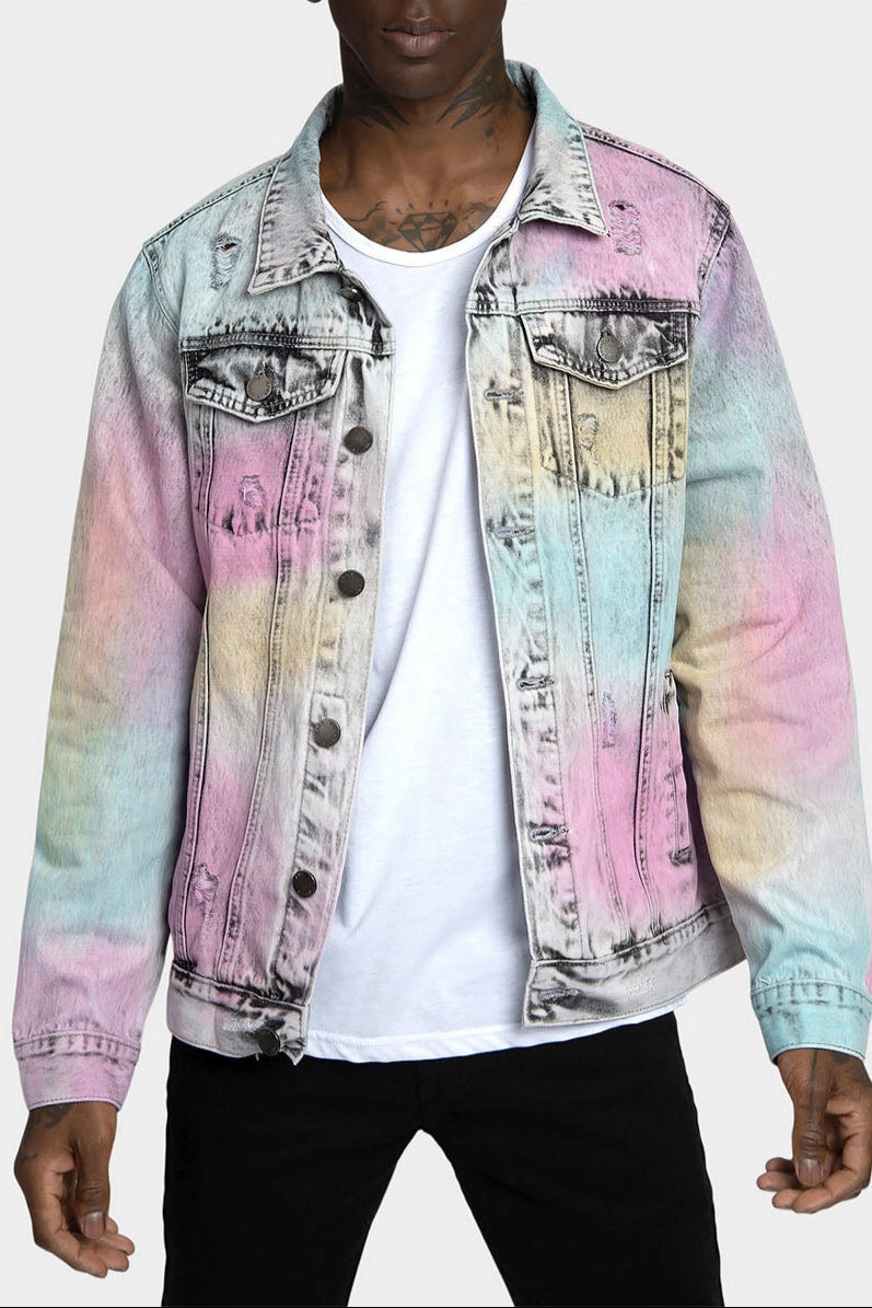 Multi Color Airbrushed Denim Jacket MoistureWickingTechnology Flexible Waistband