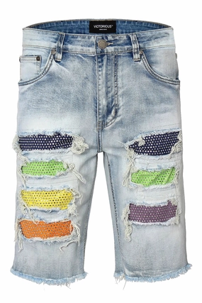 Training Comfort Multi Color Crystal Embellished Denim Shorts