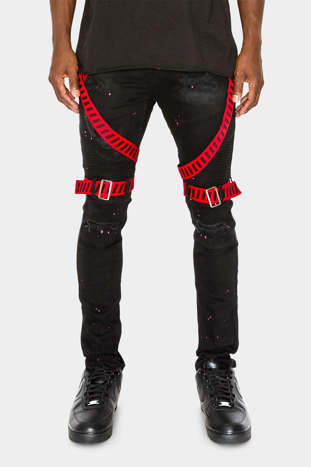 Adjustable Strap Harness Distressed Biker Jeans Layer-Friendly Sporty Fit Design