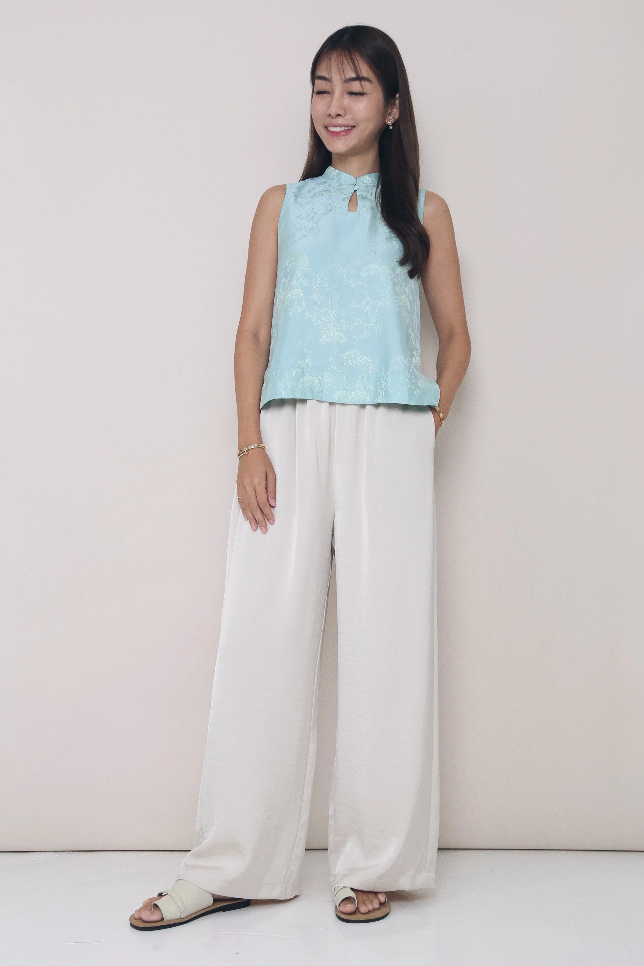 Reflective Trims Built In Filter Layer CNY Evie Oriental Sleeveless Blouse Sage