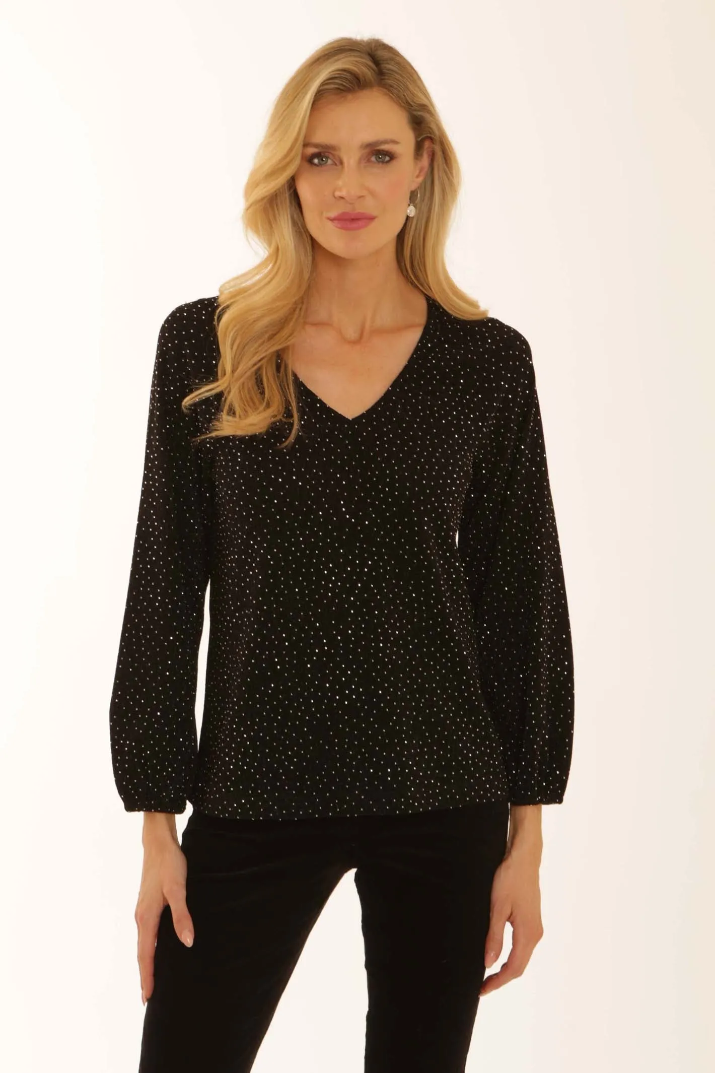 DoubleLayeredFabric Pomodoro Clothing Sparkle V Neck Top 32561