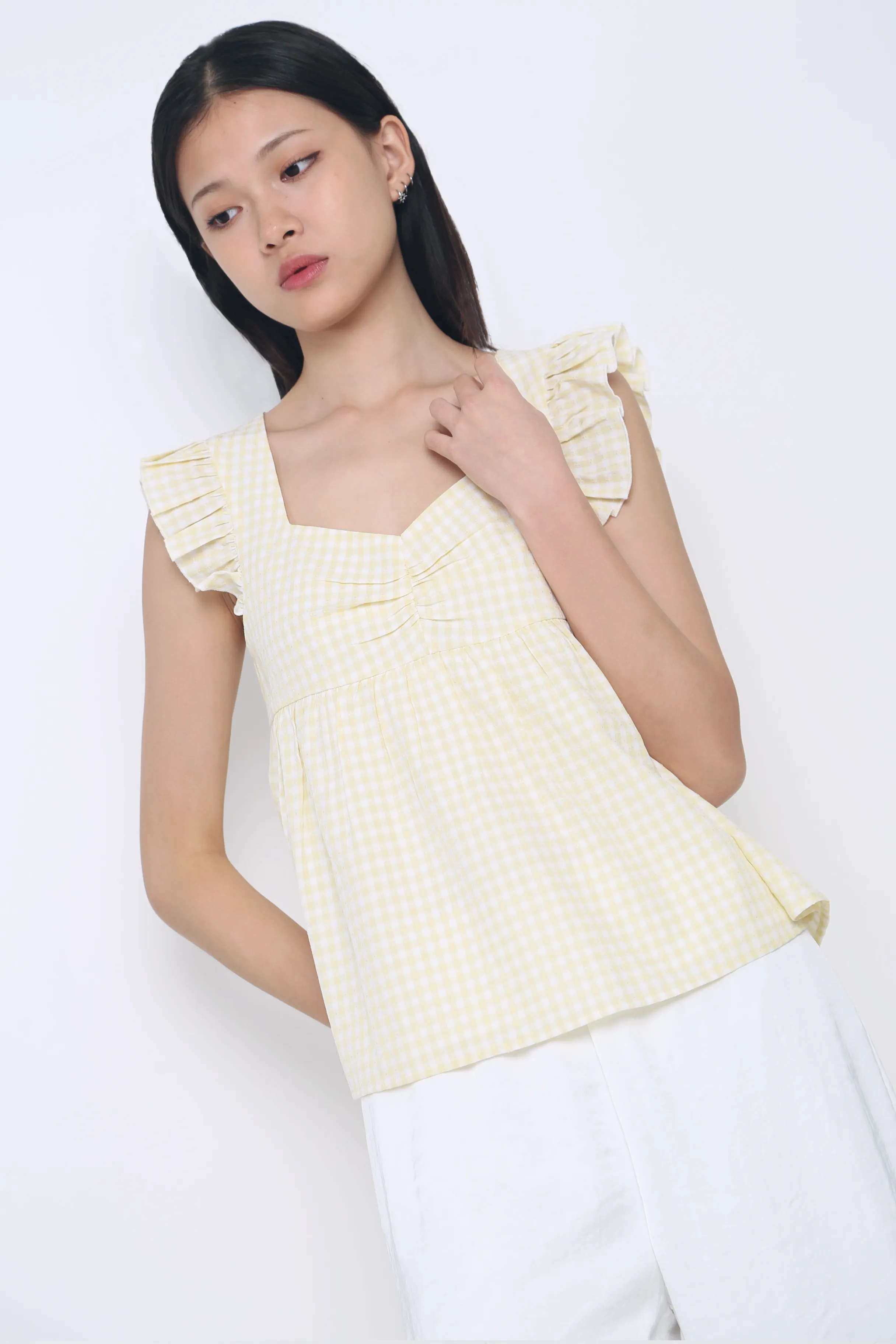 Naomi Picnic Gingham Blouse Vanilla Yellow ZipperedPockets Stretch Weave Construction