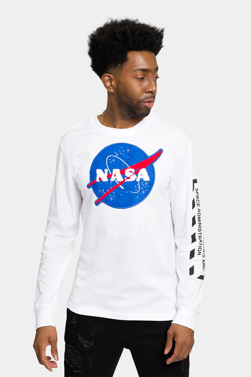 Ribbed Trim Details High Neck Design NASA Chenille Patch Long Sleeve T-Shirt