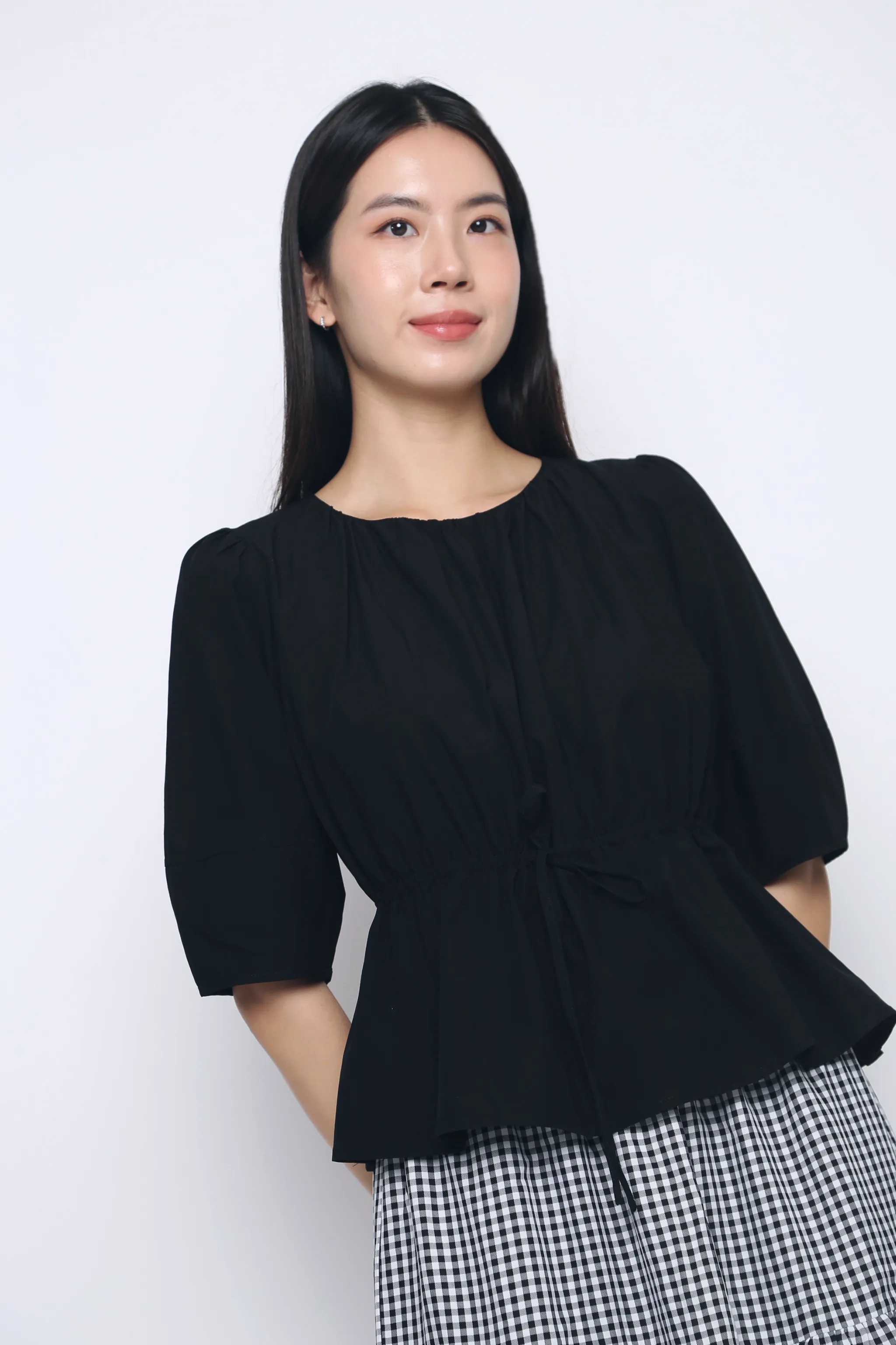 Natalina Tie Waist Blouse Black Flexible Hemline