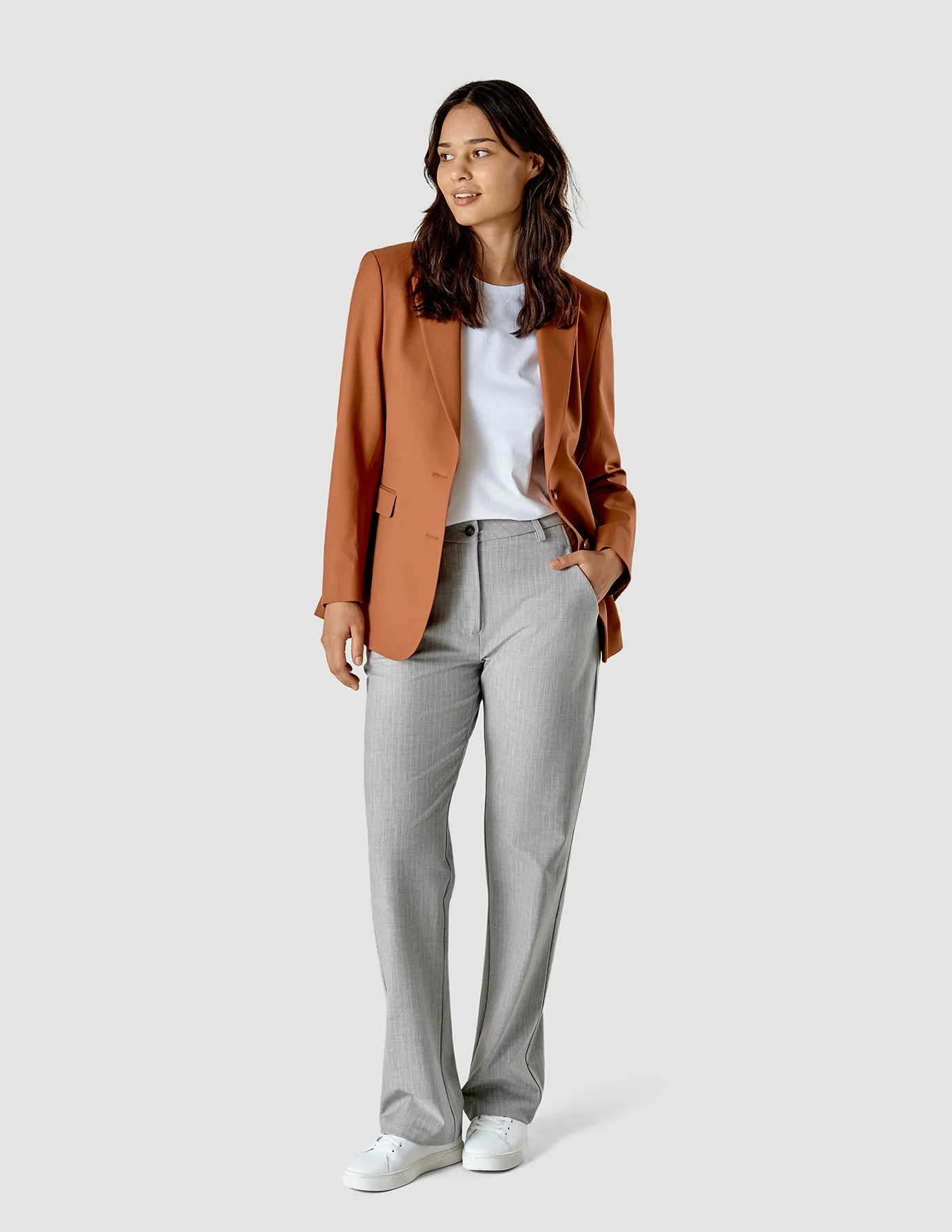 Essential Pants Straight Light Grey Pinstriped Universal Fit System Everyday Ease