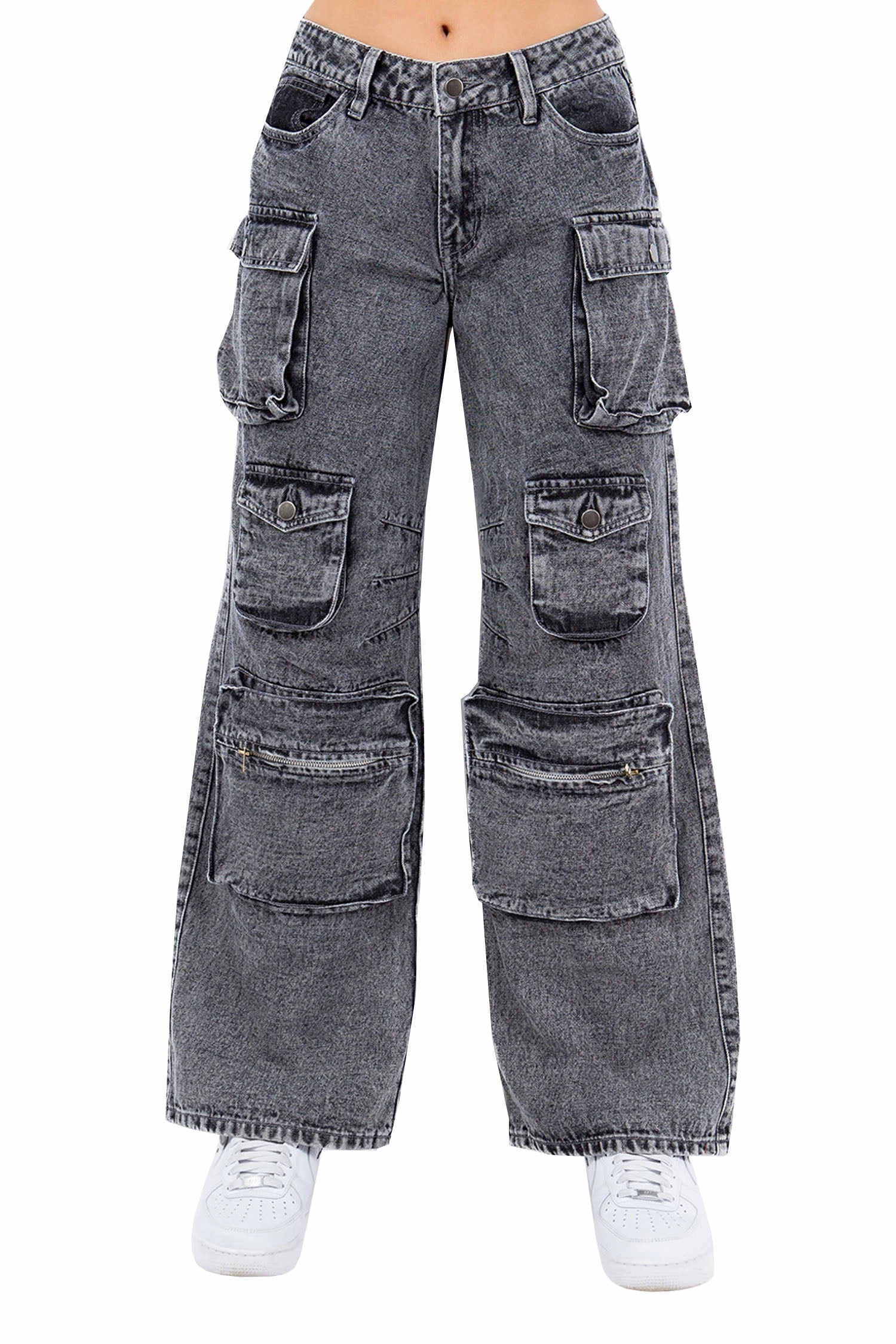 Women's High Rise Stone Washed Cargo Pocket Loose Fit Denim Jeans Comfy Movement Fit AntiStaticFinish