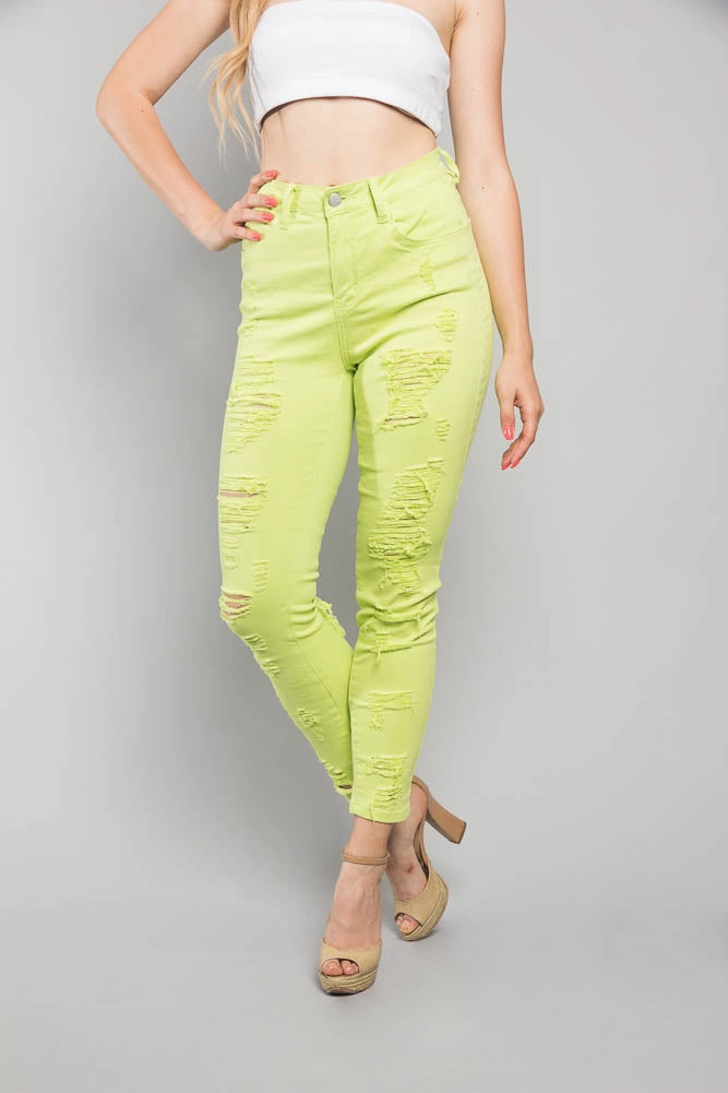 Light wash Neon Double Distressed Skinny Jeans