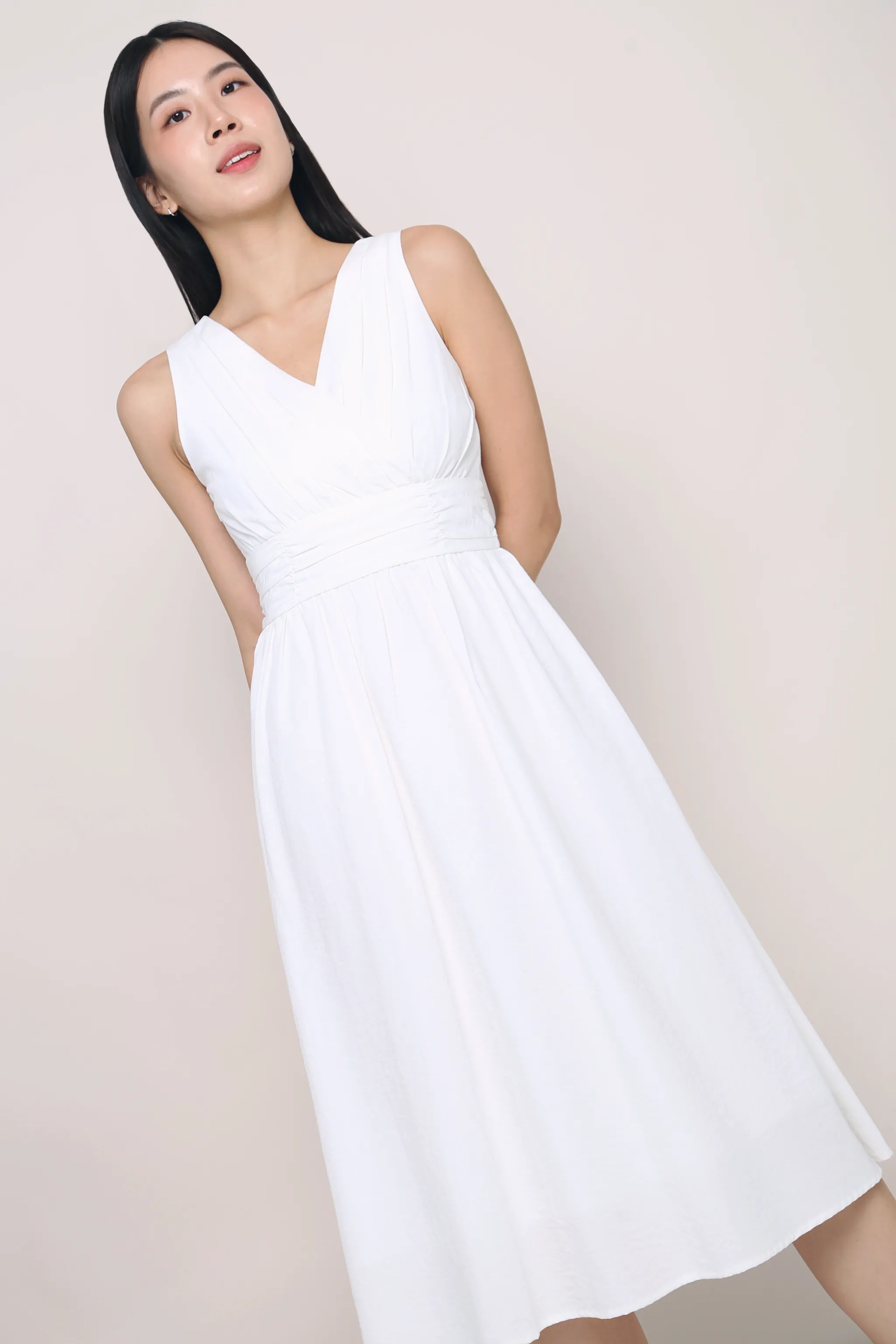 Meagan Pleat Waist Midi Dress White Daily Ready