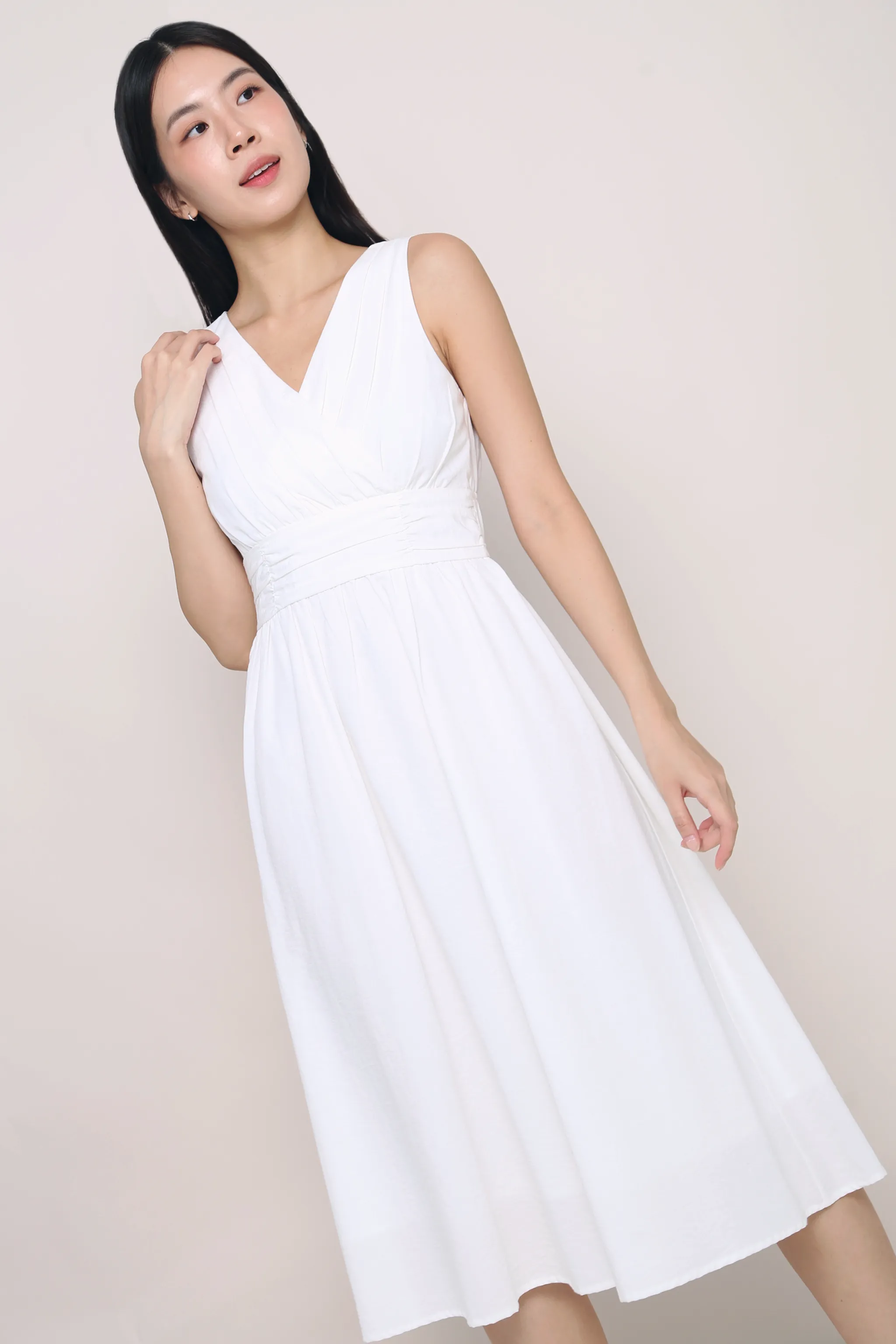 Meagan Pleat Waist Midi Dress White Smooth Drape Soft-touch