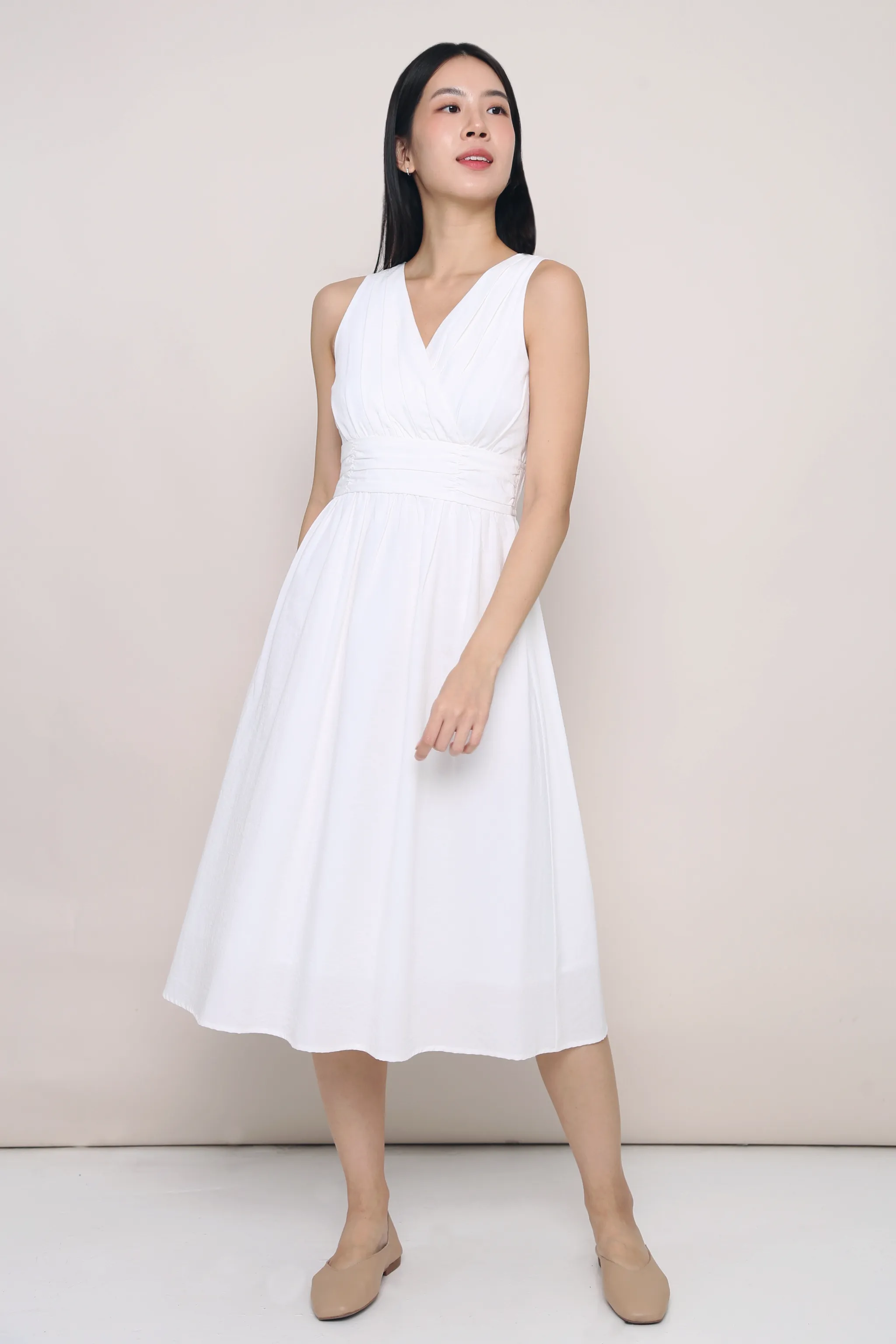 Meagan Pleat Waist Midi Dress White Urban Feel