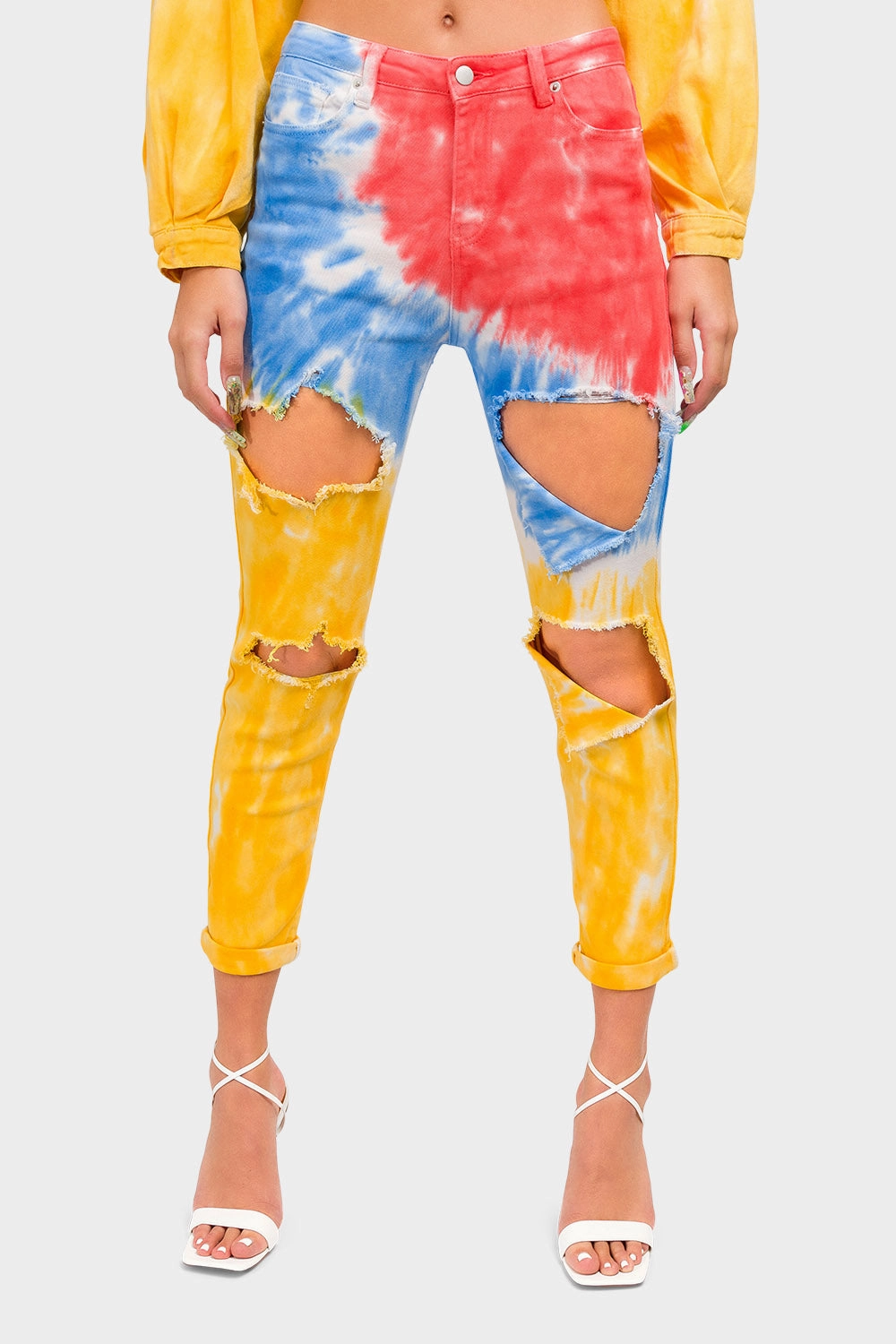 FlexibleStretchWeave High Waist Ripped Tie Dye Mom Jeans