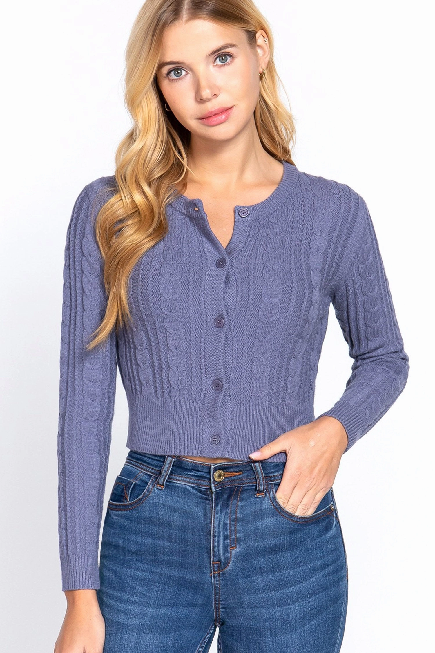 Women's Essential Long Sleeve Cable Sweater Cardigan Down Stuffed Double Breasted