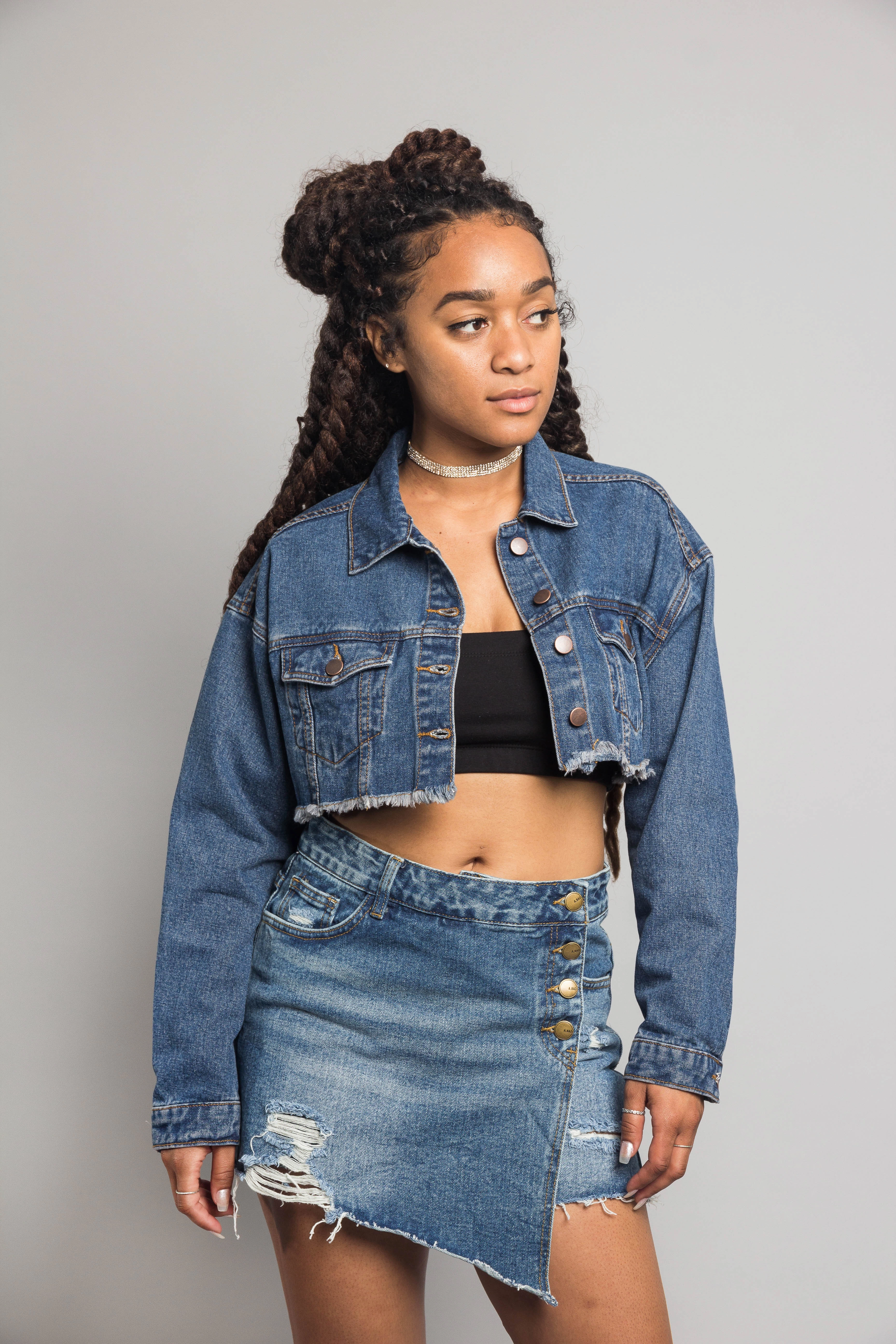 Cropped Backless Denim Jacket Plaid Print AntiStaticLayer