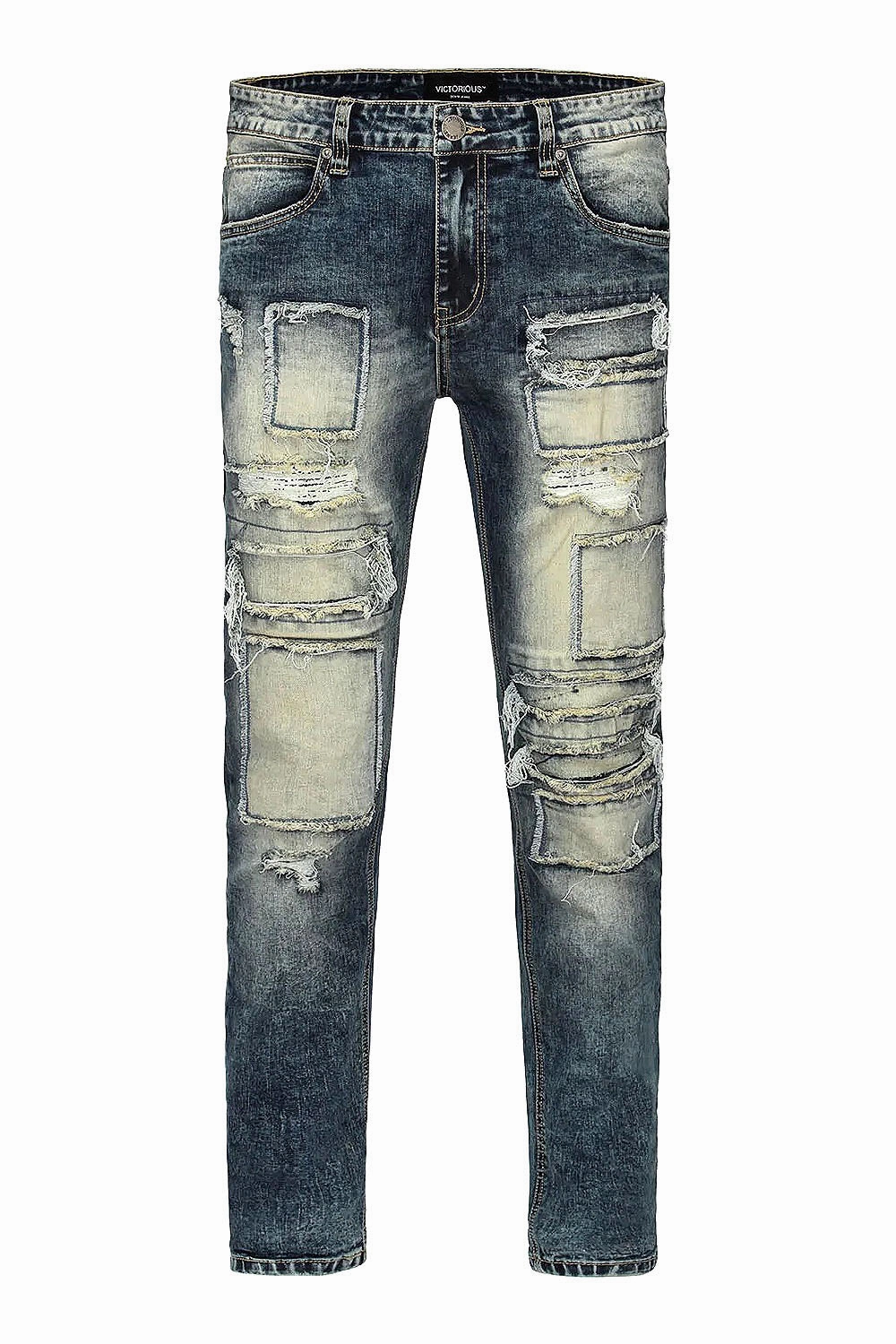 Patchwork Raw Hem Denim Jeans Relaxed Waist