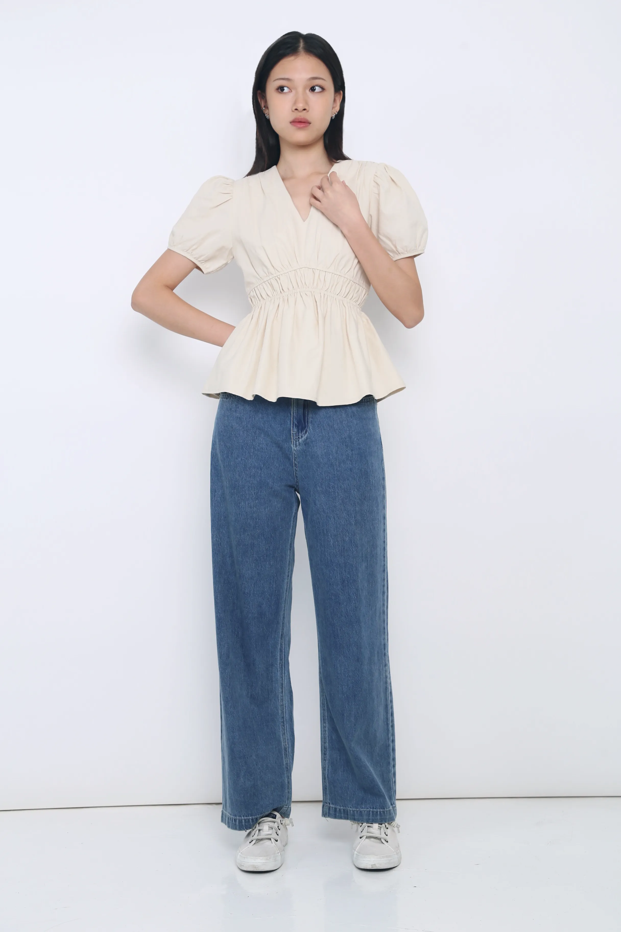 Durable Reinforced Elbows Ike V Neck Shirred Waist Blouse Cream