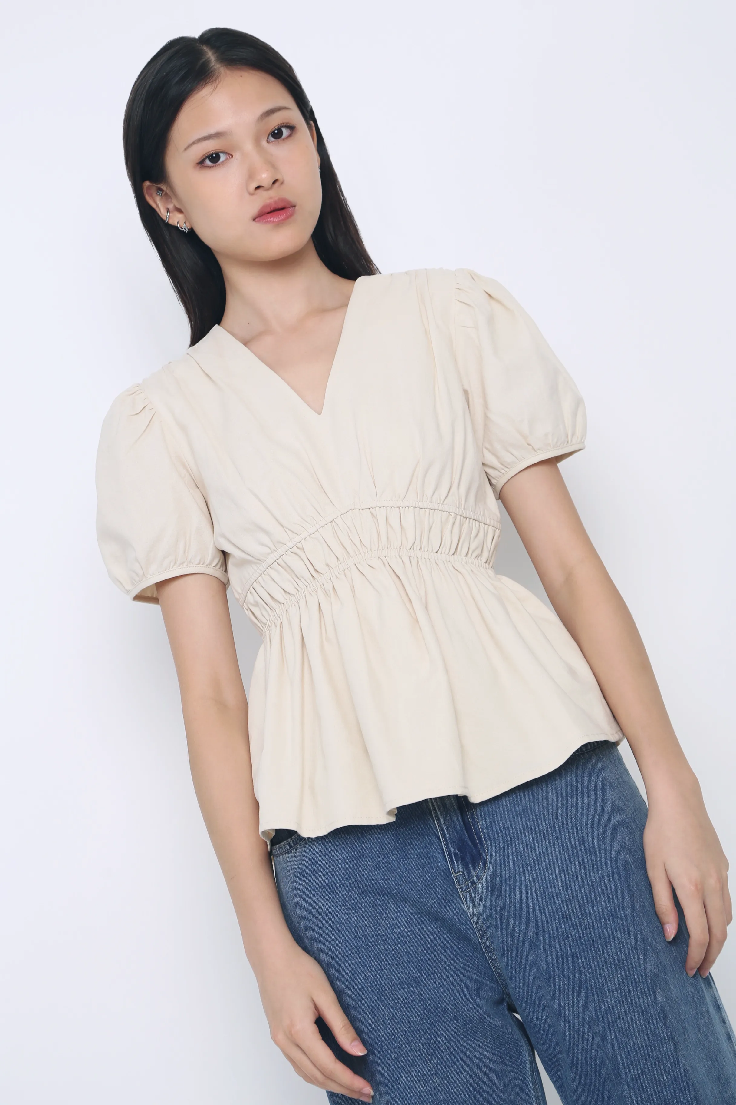 Ike V Neck Shirred Waist Blouse Cream Sporty Design