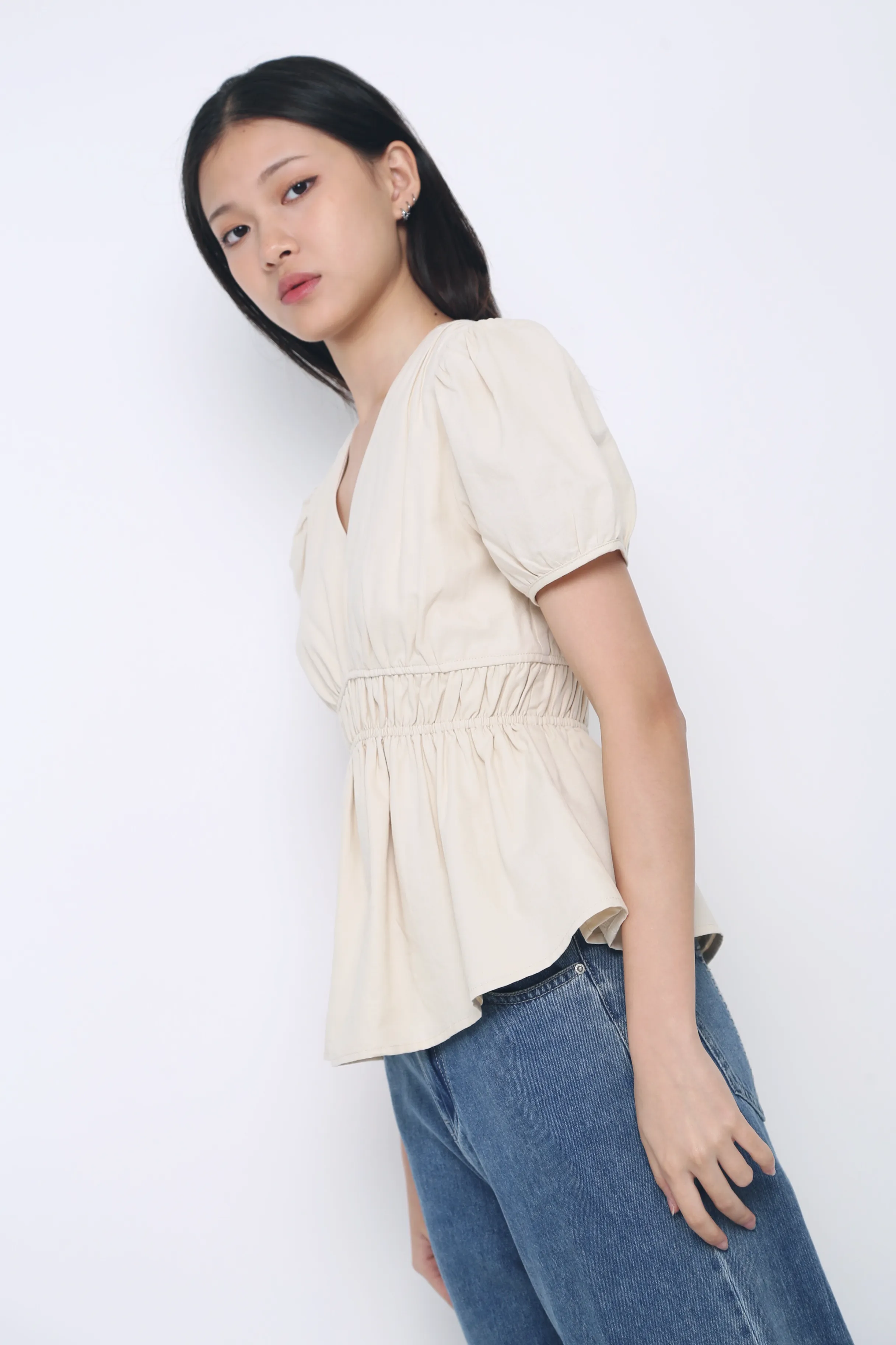 Ike V Neck Shirred Waist Blouse Cream Linen Blend Fabric Circular Knit Technique